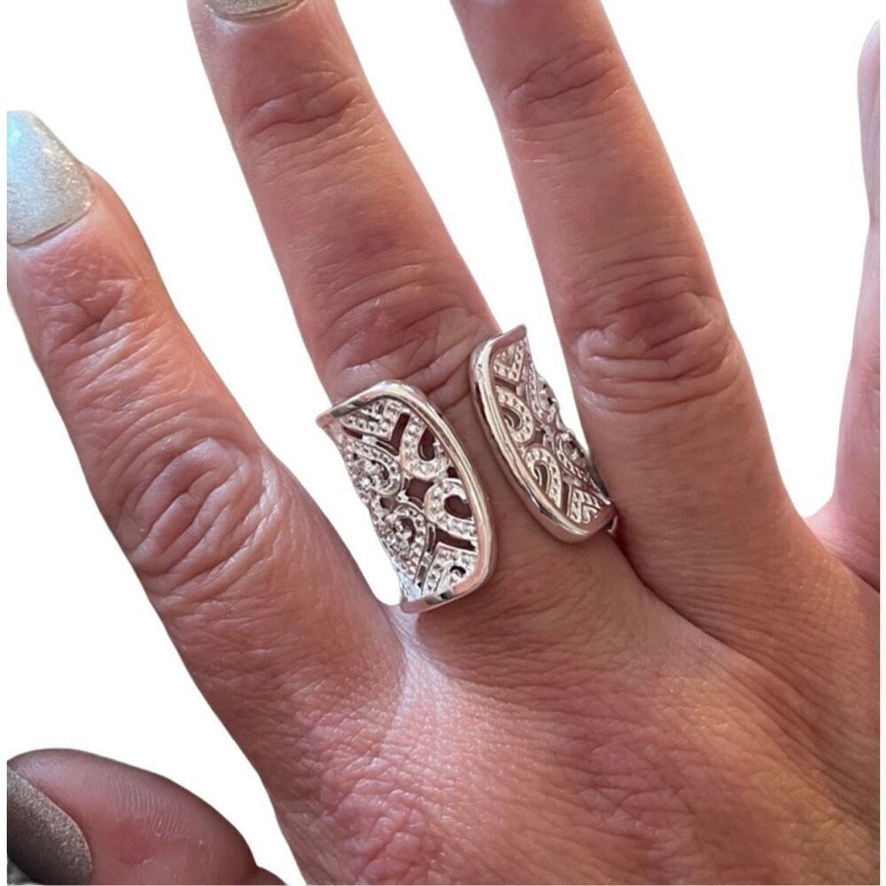 The Silver Stunner cuff open heart crystal accented ring